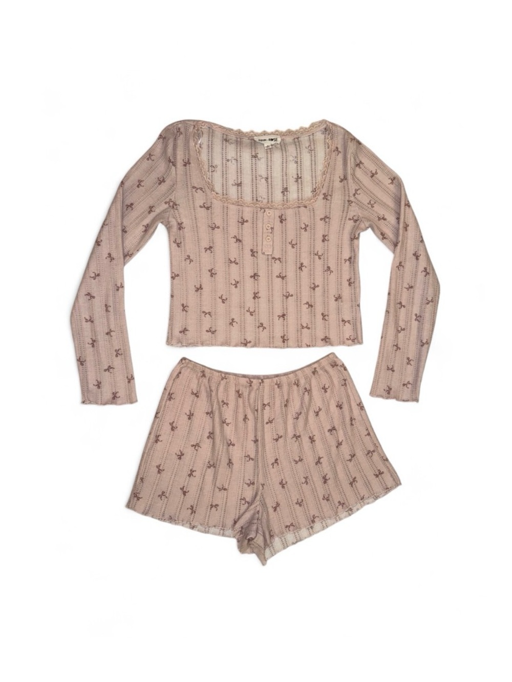 Pink Rose Croquette Bow print long sleeve and shorts lounge set